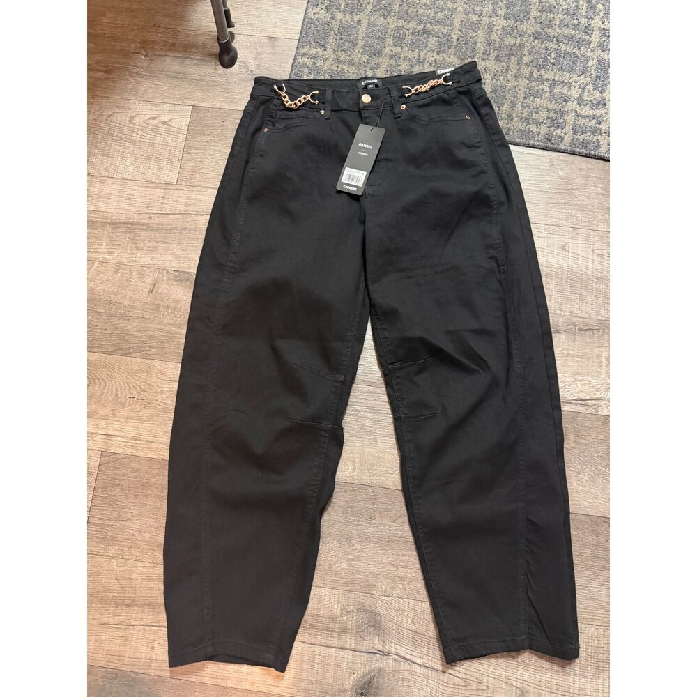 Express Jeans Womens 8 NWT Black Barrel Leg Mid-Rise Chain Hardware Accent Denim